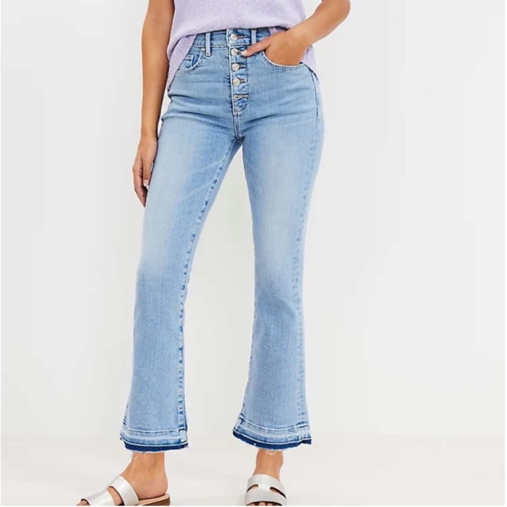 Loft the kick crop flare jeans 12” high rise button fly let down hem size 30